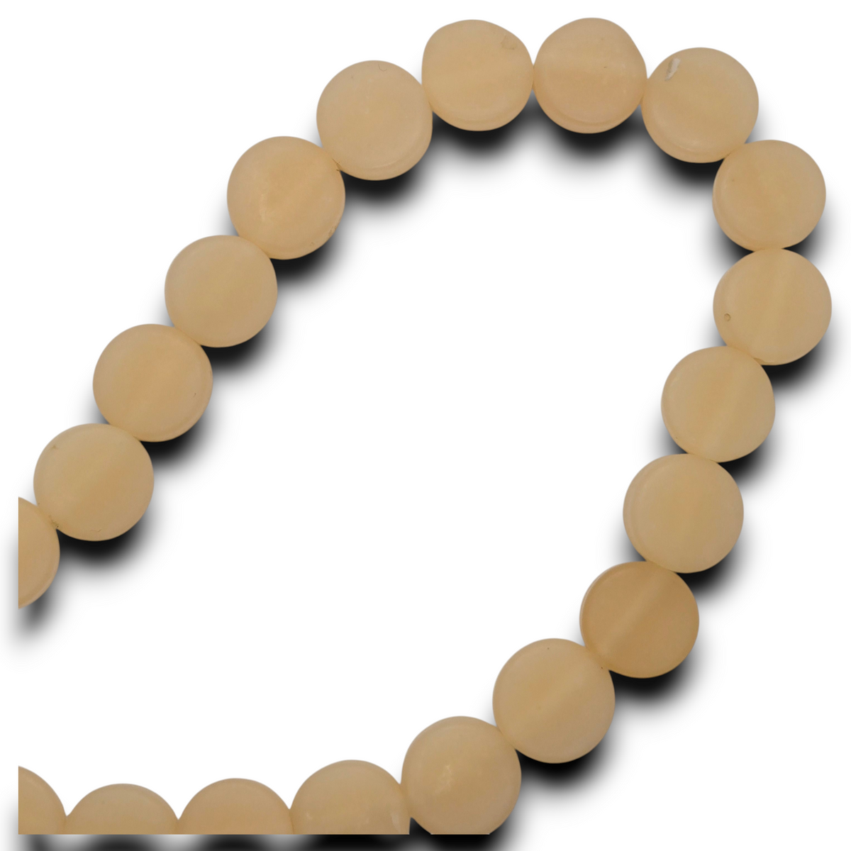 Beige flat rondelle resin bead strand with round, stacked bead faces