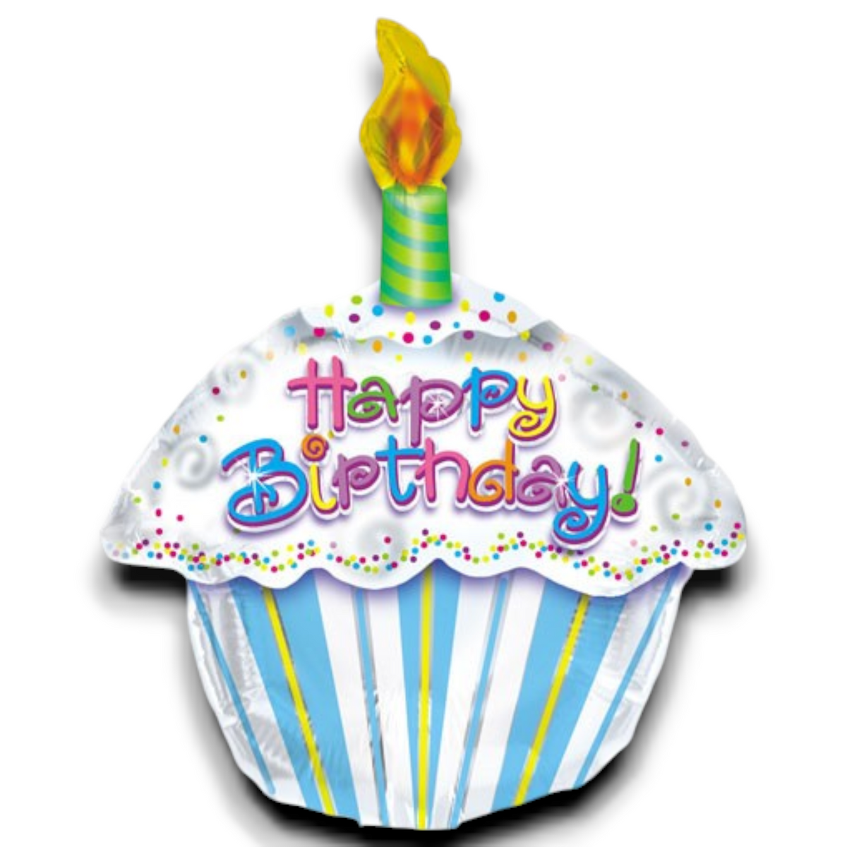 Cupcake-shaped Happy Birthday balloon, striped blue green yellow wrapper, candle