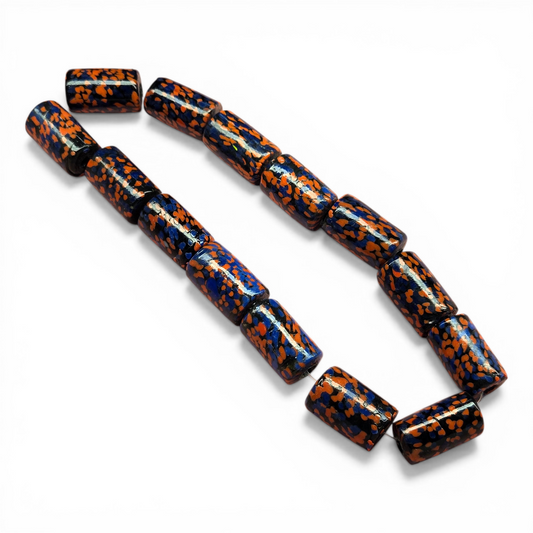 Vintage glass tube beads strand with spotted swirl pattern, dark blue and black