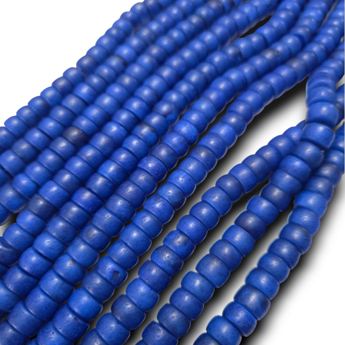Blue rondelle resin bead strand, rounded beads with ridged texture