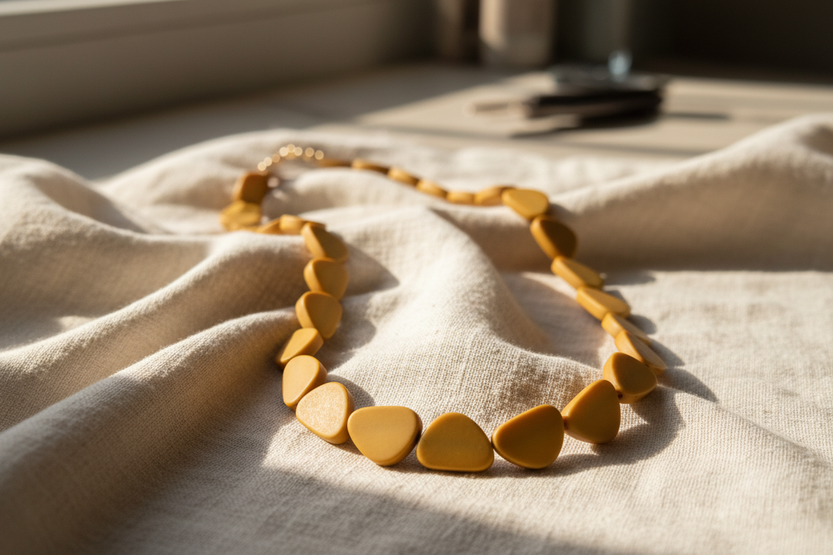 Mustard yellow flat resin triangle beads strand with rounded triangular shapes