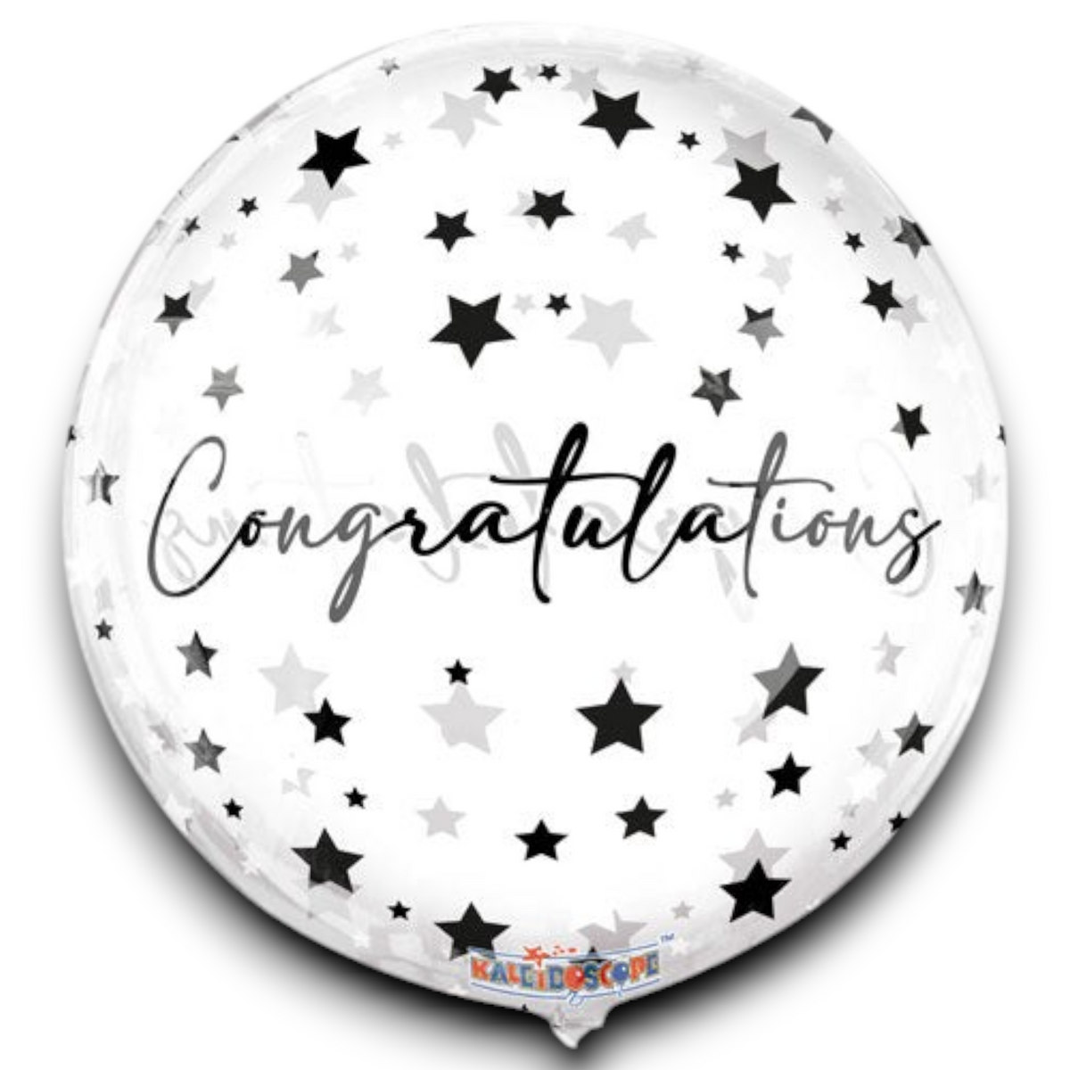 Foil congratulation balloon with black and gray star pattern and script text