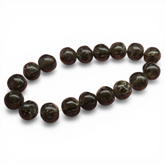 Dark olive green crackle resin nugget round bead strand, 24mm beads