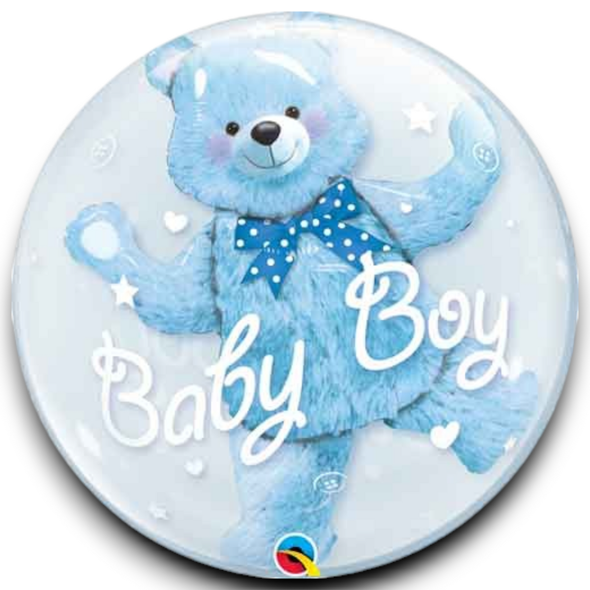 Round light-blue double bubble balloon with blue bear and 'Baby Boy' lettering