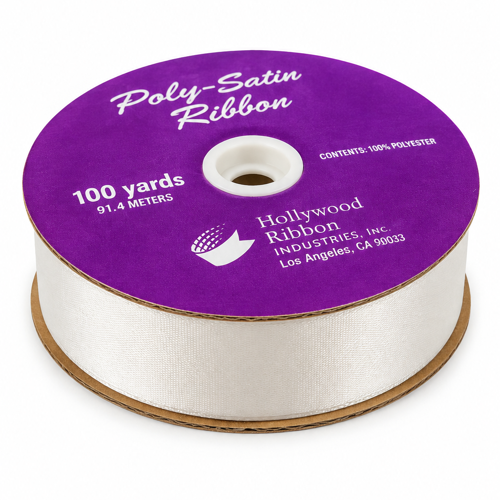 Purple poly satin ribbon, 1-inch wide, on white spool with gold trim