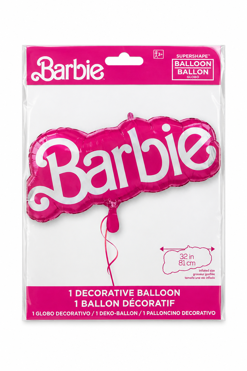 32 in Barbie foil balloon, pink and magenta with balloon string and hanging tab