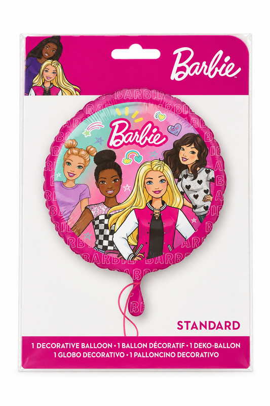 Pink Barbie foil balloon with character artwork, round 18 in