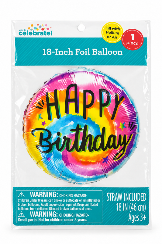 18-inch Happy Birthday round foil balloon with multicolor “Happy Birthday” text