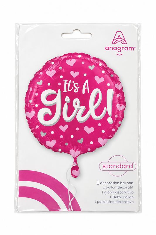 18-inch pink round foil “It’s a Girl” balloon with hearts and script text