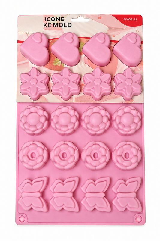 Silicone mold tray with pink heart, flower, and butterfly cavities