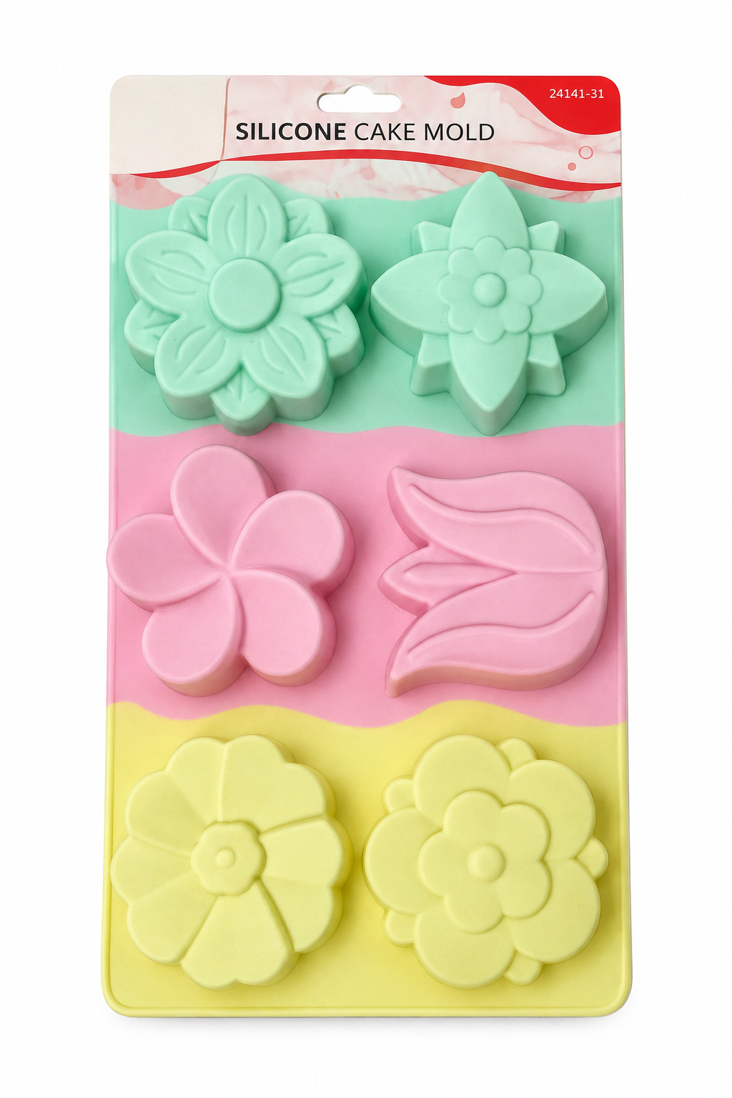 Silicone flower cake mold with six floral cavities and petal designs
