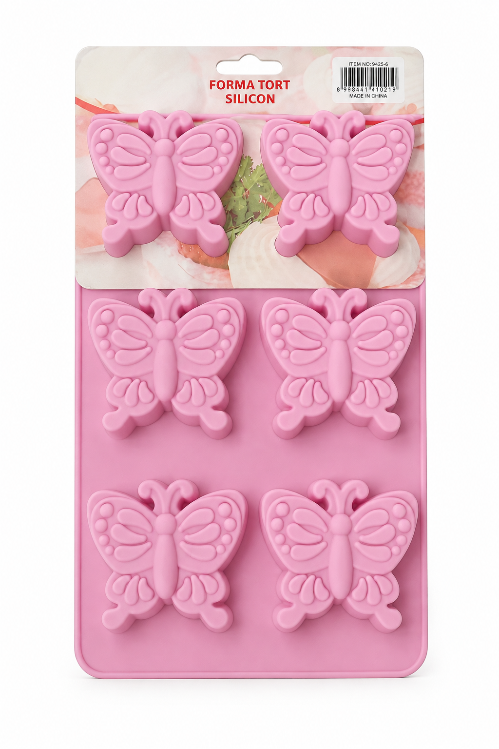 Pink silicone butterfly mold with 5 raised butterfly cavities, flexible nonstick