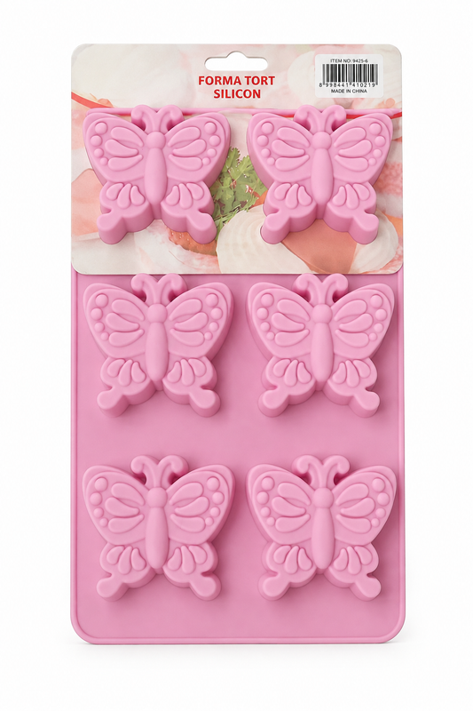 Pink silicone butterfly mold with 5 raised butterfly cavities, flexible nonstick