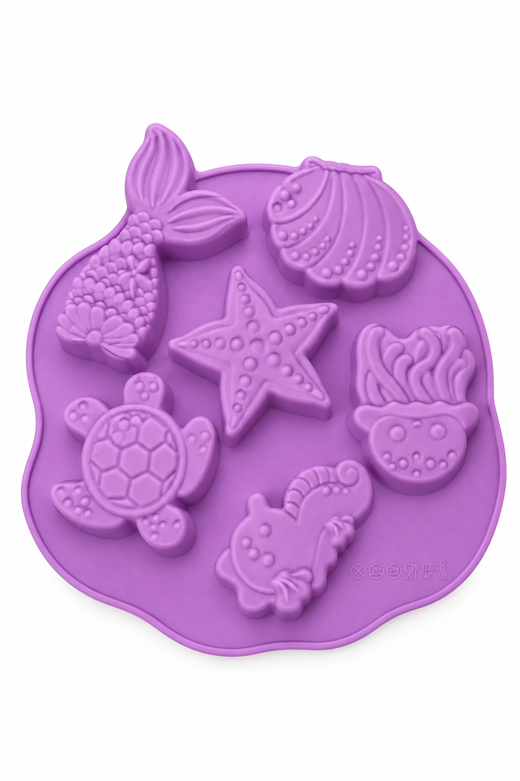 Purple mermaid silicone mold with starfish, turtle, shells, and fin-shaped cavities
