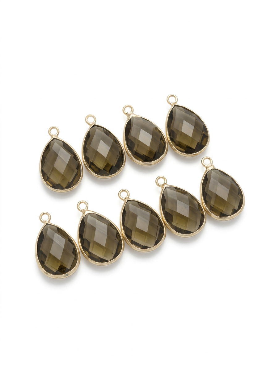 Smoky gray faceted crystal teardrop pendant set, gold-tone, two-piece