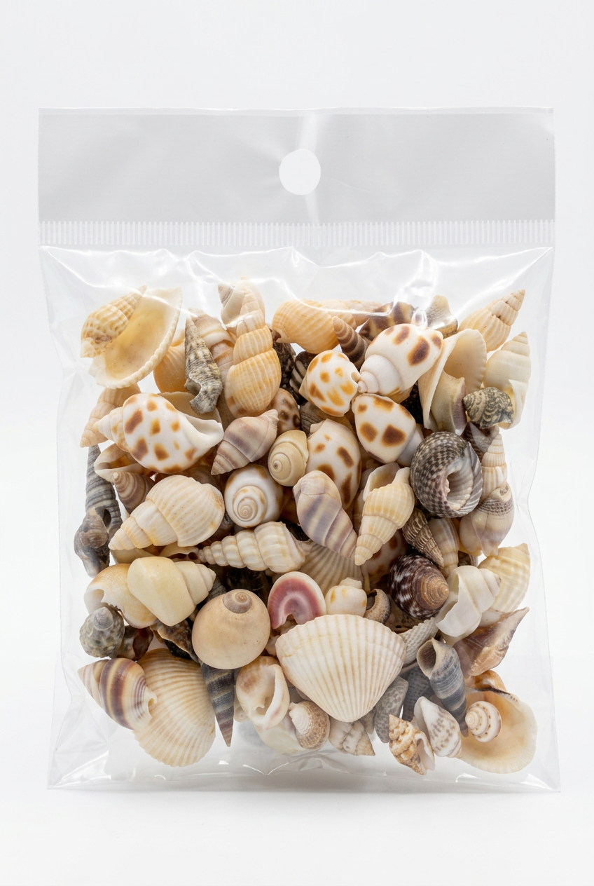Assorted seashells craft bag with mixed natural beige, white, and brown shells