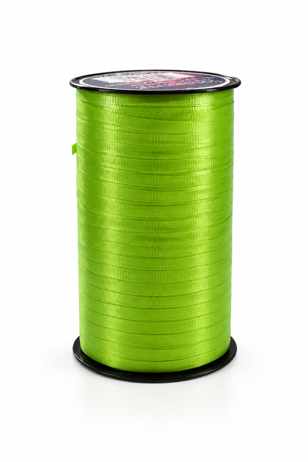 Lime green curling ribbon roll with glossy ribbed texture, spooled on a black core.