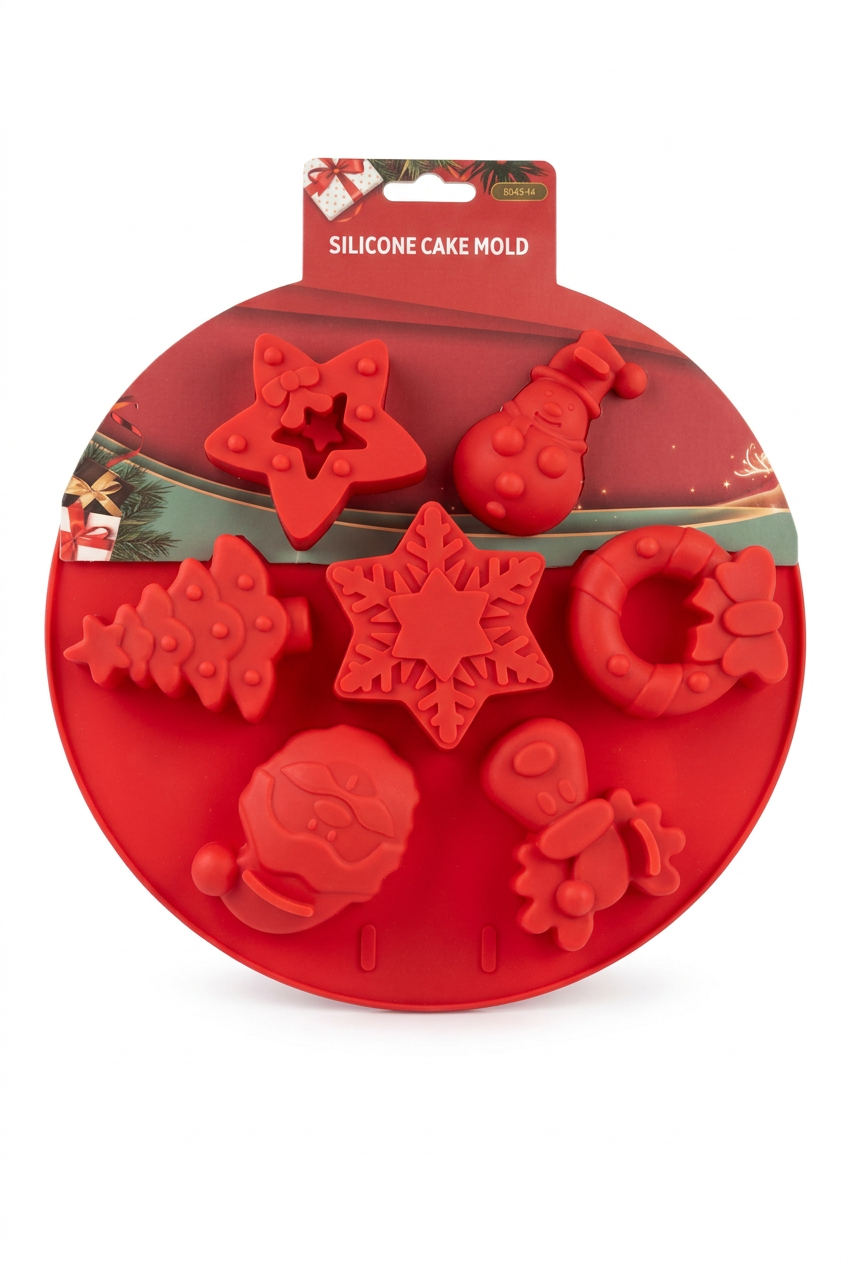 Red silicone Christmas cake mold with 6 holiday shapes: bow, star, snowflake, tree, stocking