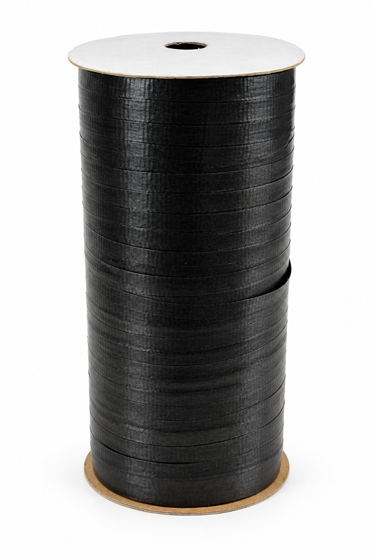Black curling ribbon roll on cardboard spool