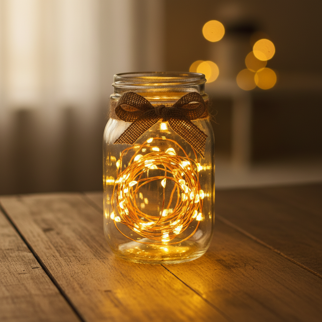 Warm white fairy light string wrapped around ribbon in amber glass jar