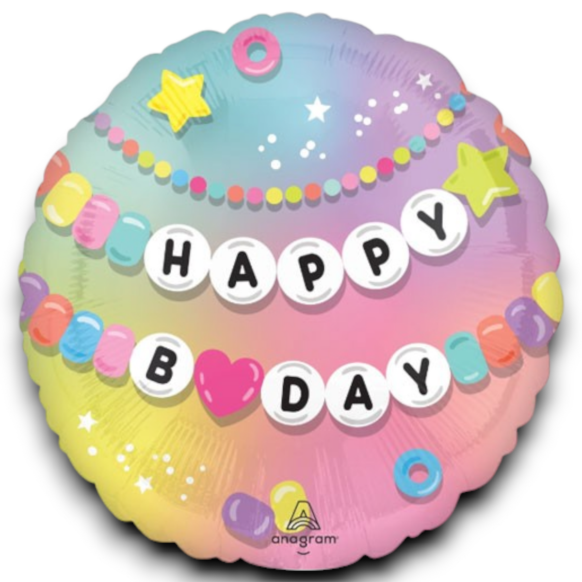 Pastel Happy Birthday foil balloon with bead garland and star details