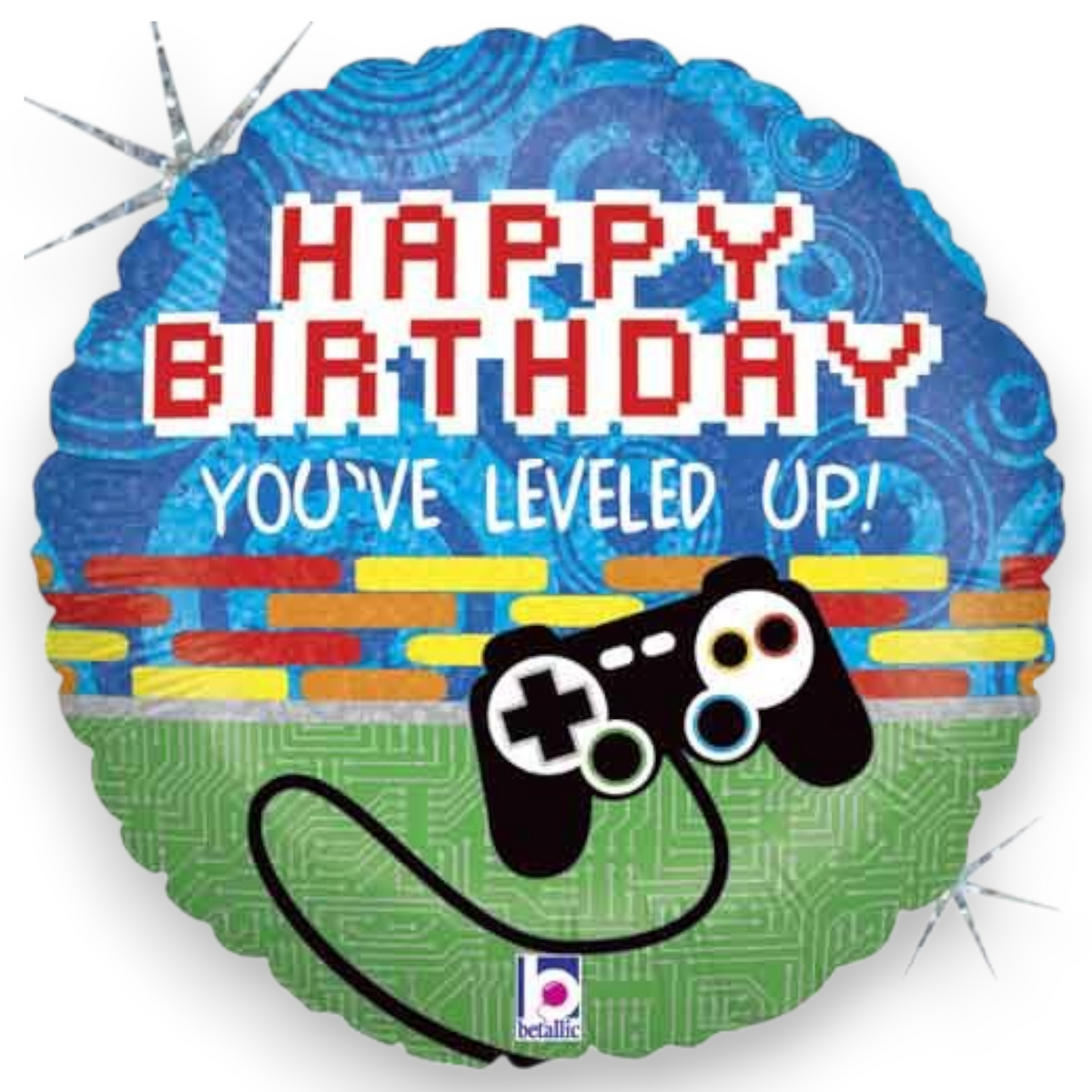 Round game controller foil balloon with Happy Birthday and leveled up text, blue and green