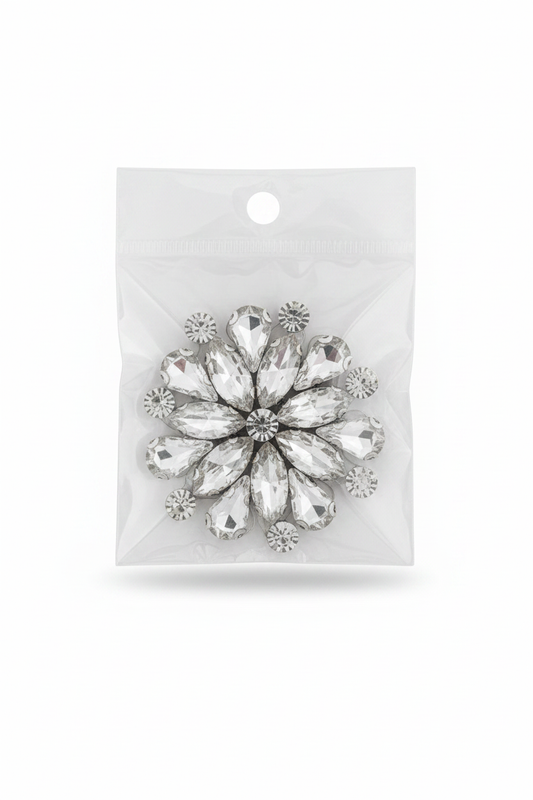 Silver rhinestone flower glass applique with faceted crystal petals