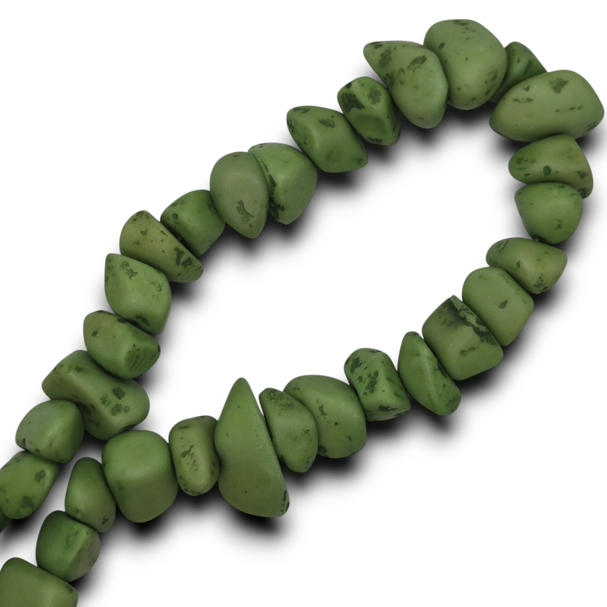 Green resin irregular chip beads in a looped strand, speckled finish