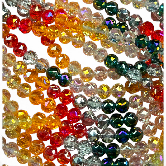 Faceted glass rondelle beads strand, green red yellow and clear, mixed colors