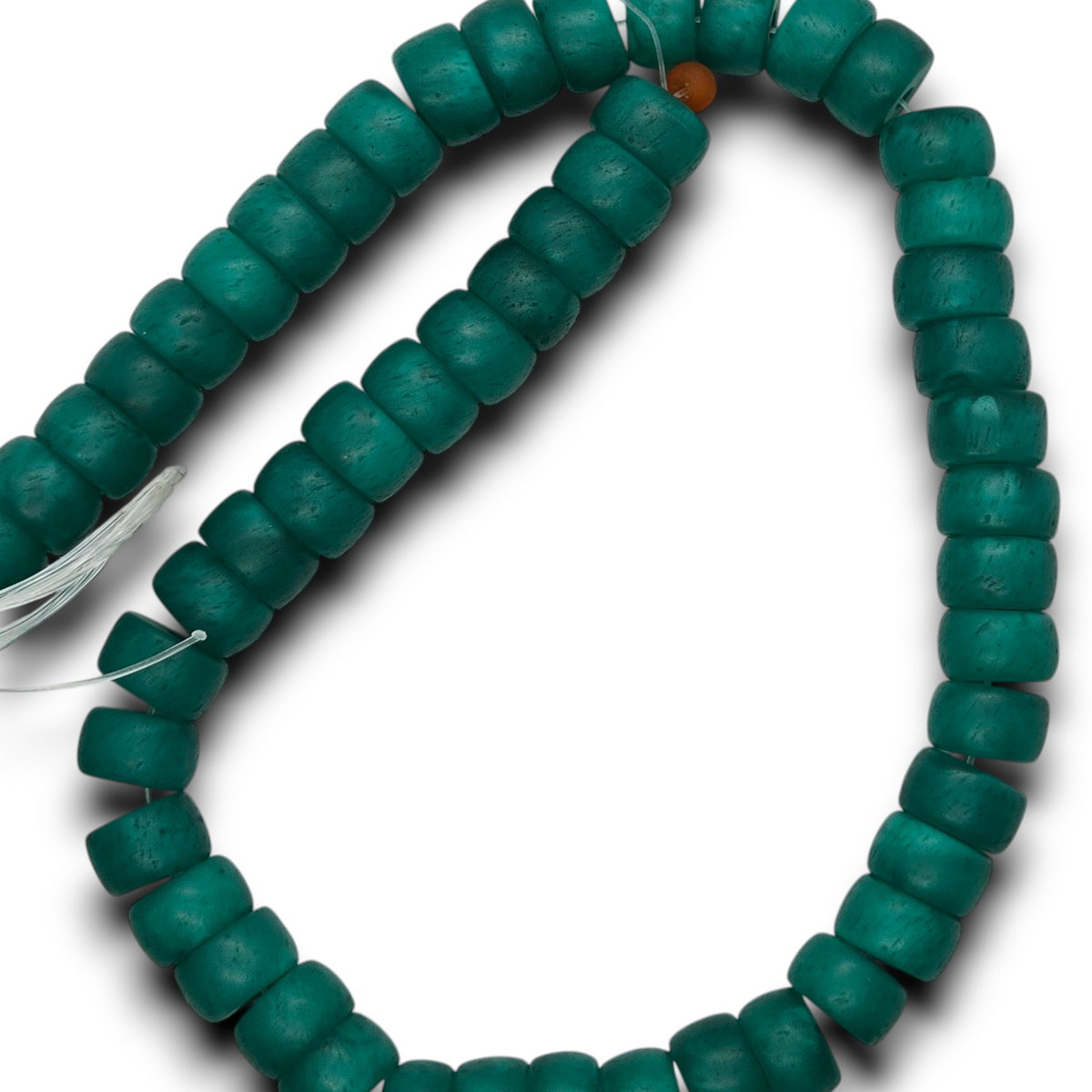 Green rondelle resin beads strand with cord, evenly spaced small barrel beads