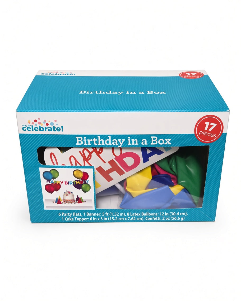 Birthday party kit in a box, 17 pieces with hats, banners, and balloons