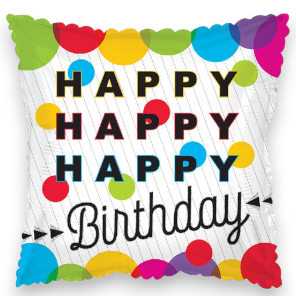 Foil birthday balloon with multicolor scalloped trim and 'Happy' and 'Birthday' lettering