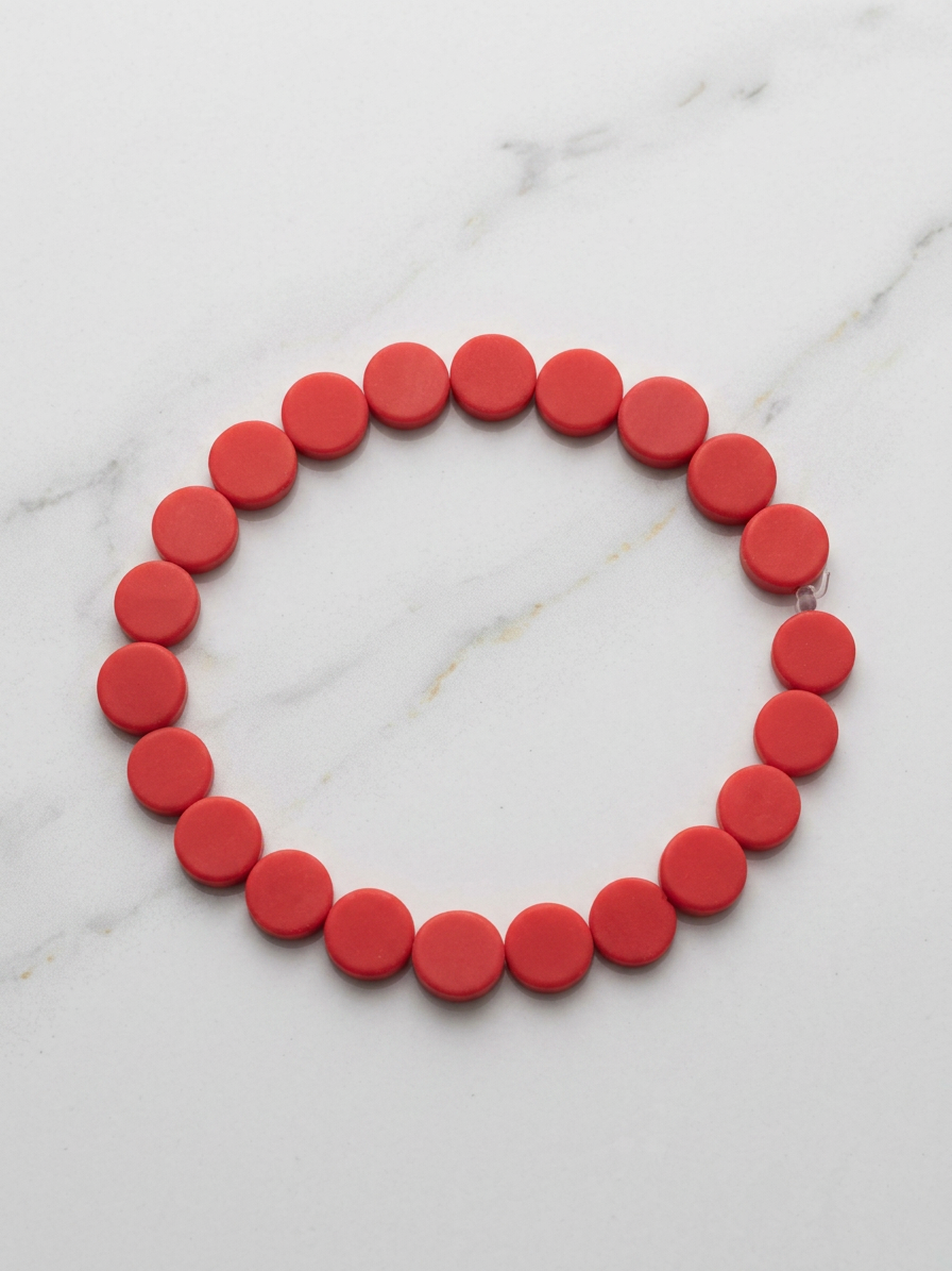 Red flat rondelle resin beads in a round strand loop