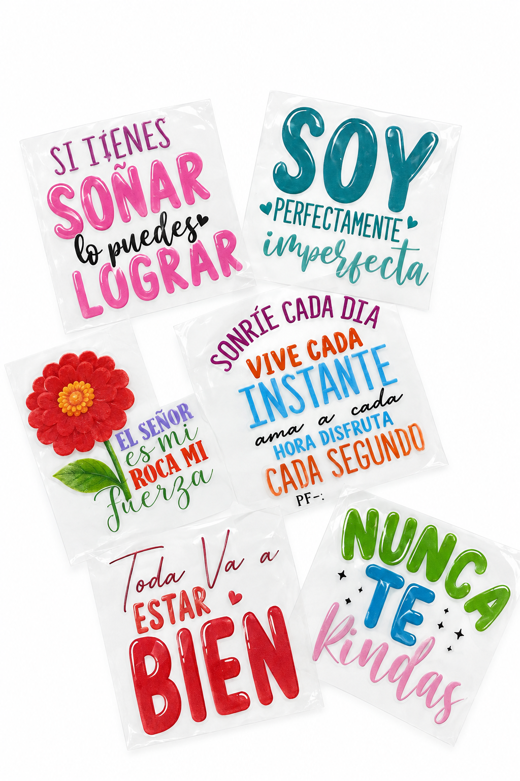 Spanish inspirational UV DTF transfer stickers with colorful lettering and a floral design on a white background