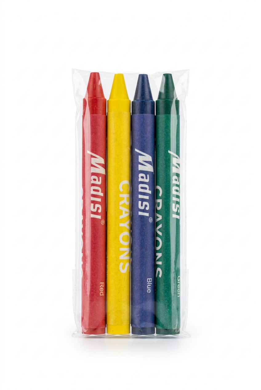 Mini crayons 4-color pack, four mini crayon sticks in red, yellow, blue, and green.