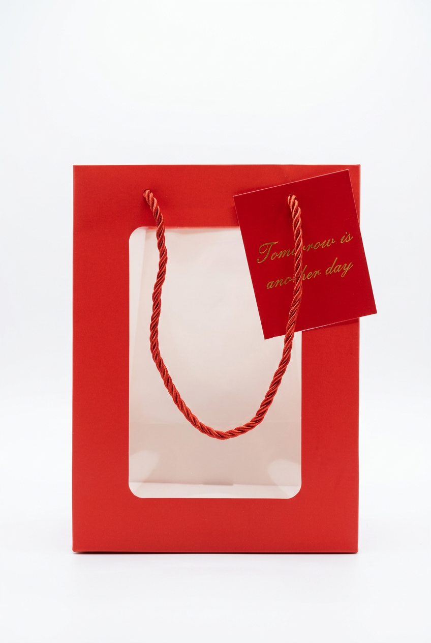 Red gift bag with clear rectangular window and twisted rope handles