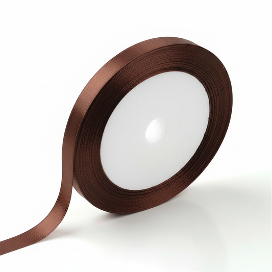 Brown polyester satin ribbon roll with glossy single-face finish, ribbon tail trailing