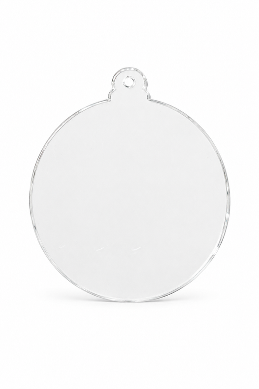Clear acrylic Christmas ornament blank with round body and top hanging tab on a white background