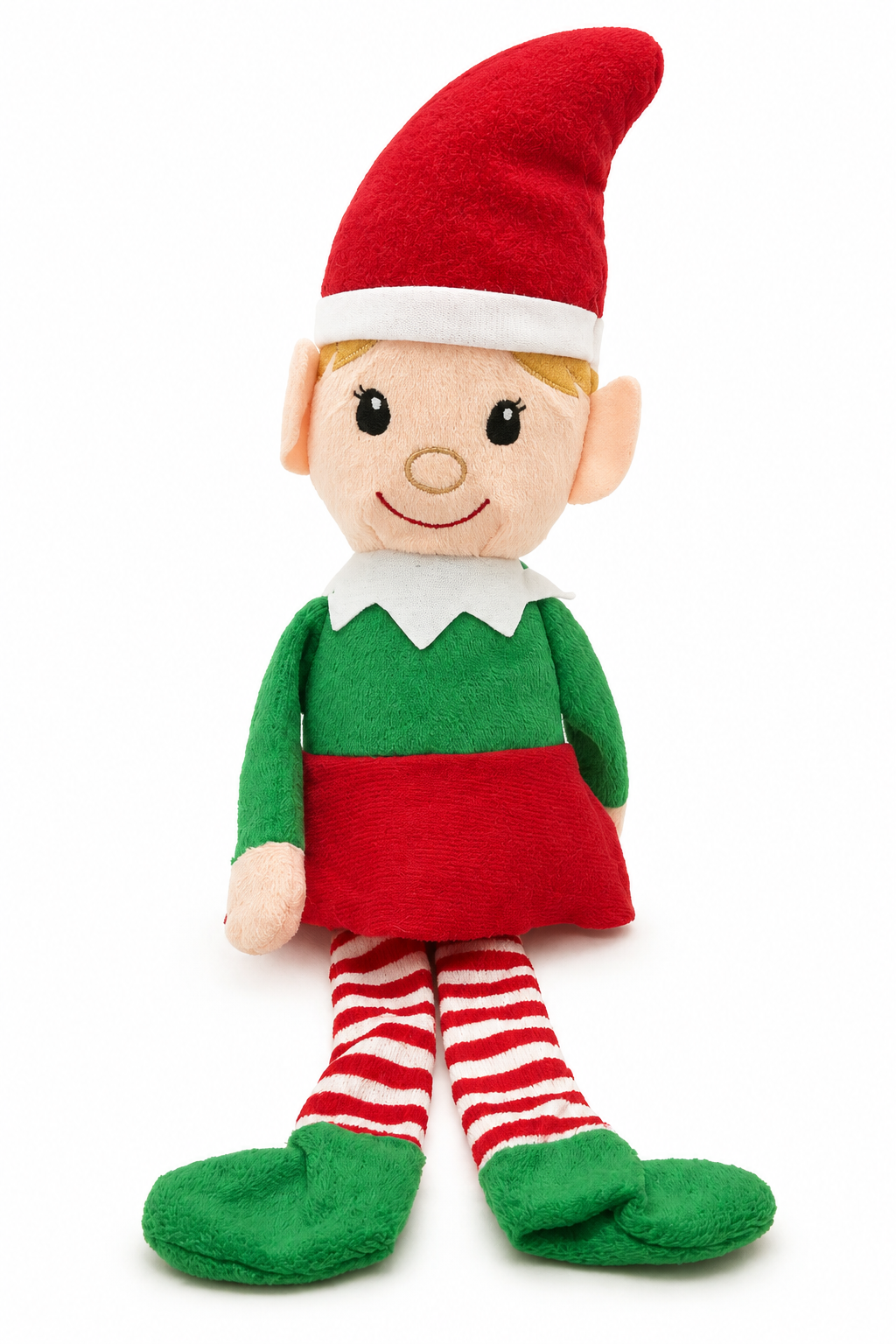 Christmas girl elf plush doll with red skirt, green top and red-and-white striped legs on a white background