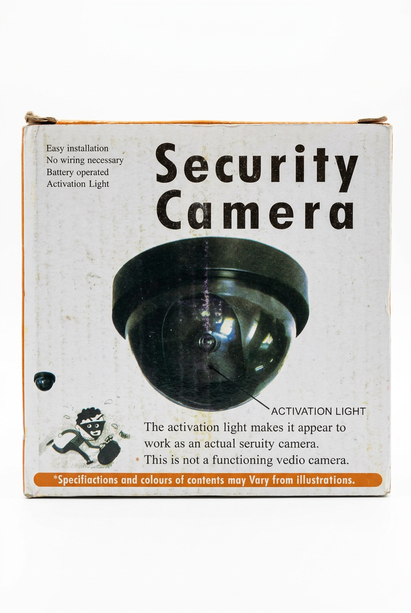 Dome security camera box with “Security Camera” and activation light label