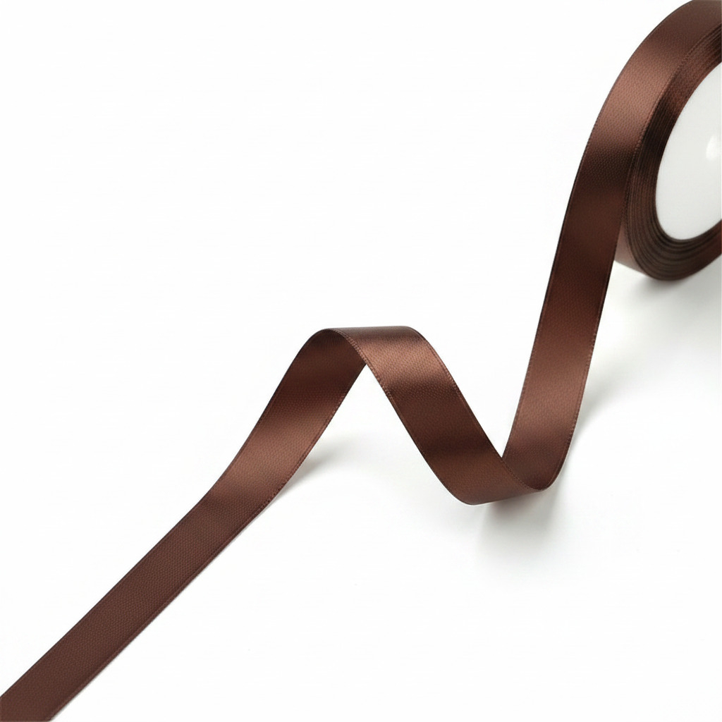 Brown polyester satin ribbon with glossy single-face finish, curved folded loop strand