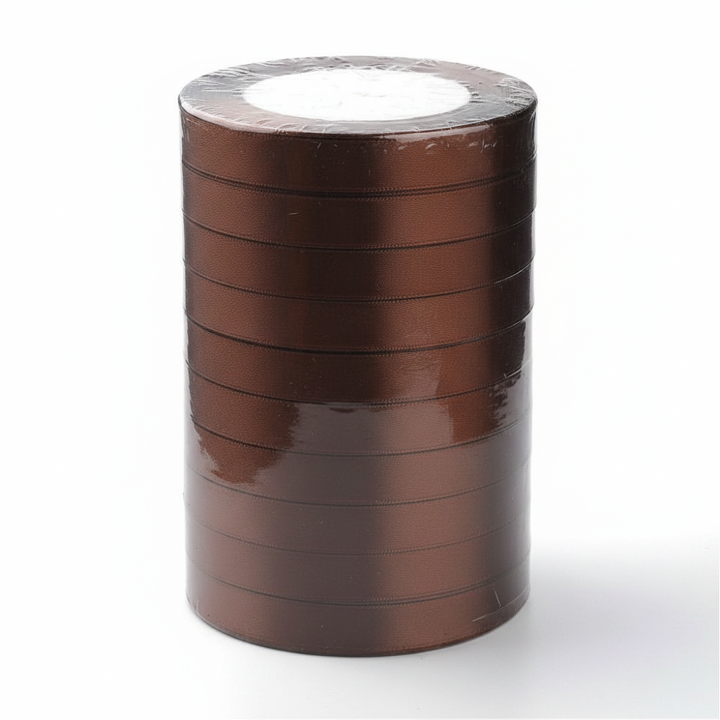 Brown polyester satin ribbon on spool, glossy single-face satin tape rolled up