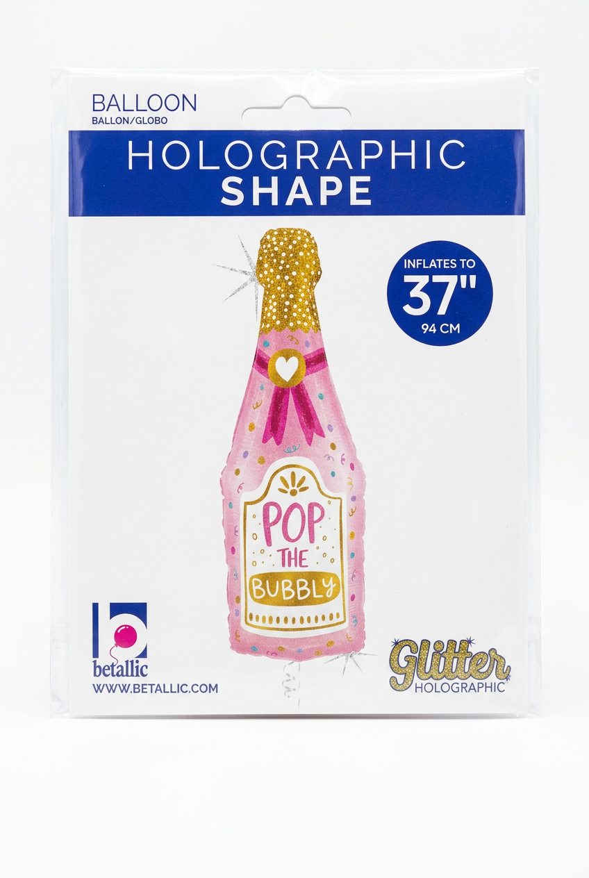 Pink holographic bottle foil balloon, 'POP THE BUBBLY' text and heart, 37"