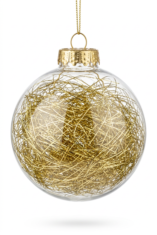 4-inch clear Christmas ball ornament with gold tinsel, hanging gold cap and loop