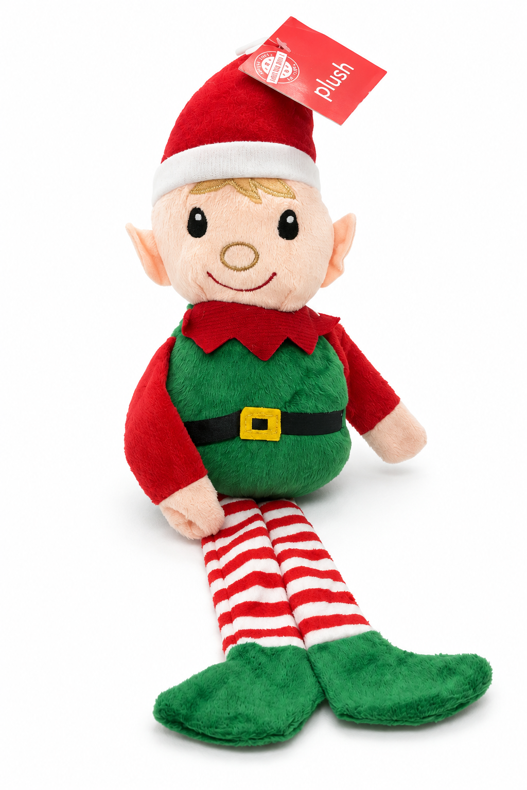 Christmas boy elf plush doll in red and green with striped legs and a black belt on a white background