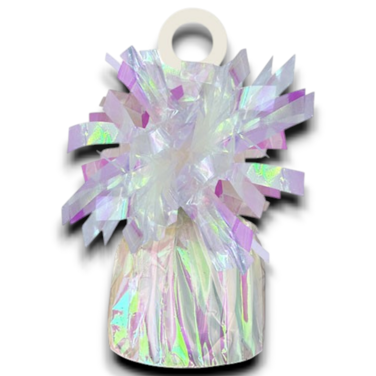 Iridescent foil balloon weight with holographic strip design and hanging loop