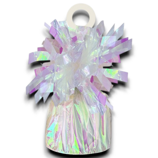Iridescent foil balloon weight with holographic strip design and hanging loop