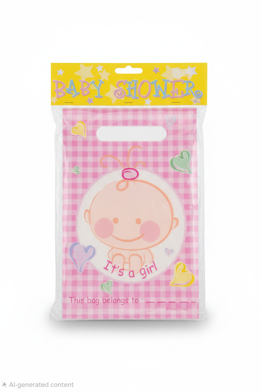 Pink check plastic gift bag with baby face graphic and It's a girl text