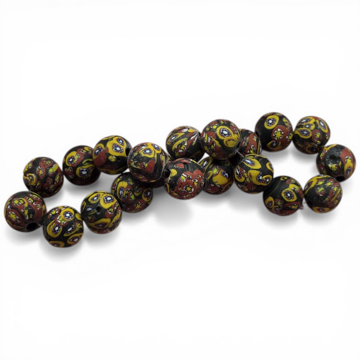 Mixed-shape glass bead strand, dark brown with yellow, green, and red mosaic dots