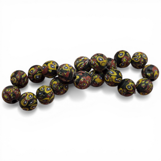 Mixed-shape glass bead strand, dark brown with yellow, green, and red mosaic dots